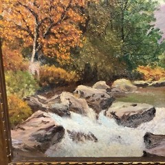 Landscape Oil Painting On Board American West Western Mountains River Boulders