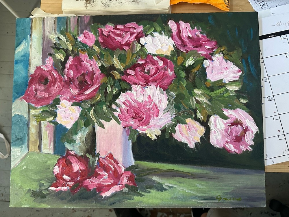 Vintage Floral Oil Painting Original Signed Rose Still Life 1960s