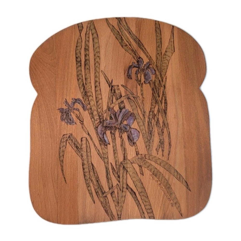 VTG Purple Iris Wood Burning Cutting Board Painted Signed Country Decor Bread