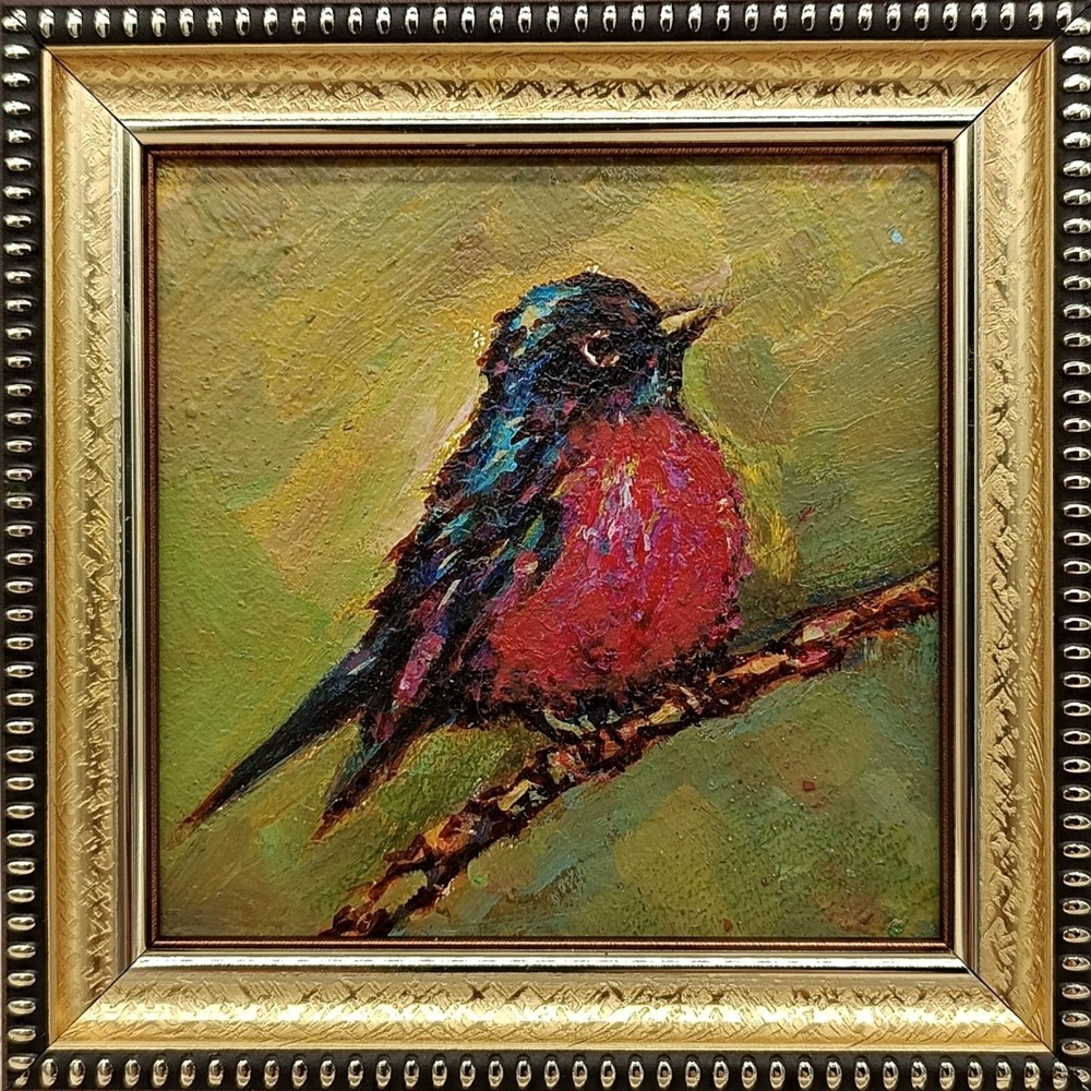 Original oil painting Summer Landscape Meadow Bird Signed work measuring 4×4 in