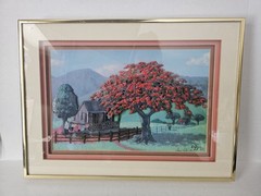 Luis German Cajiga 3D Puerto Rico Painting Print Framed 1979 Flamboyant Tree