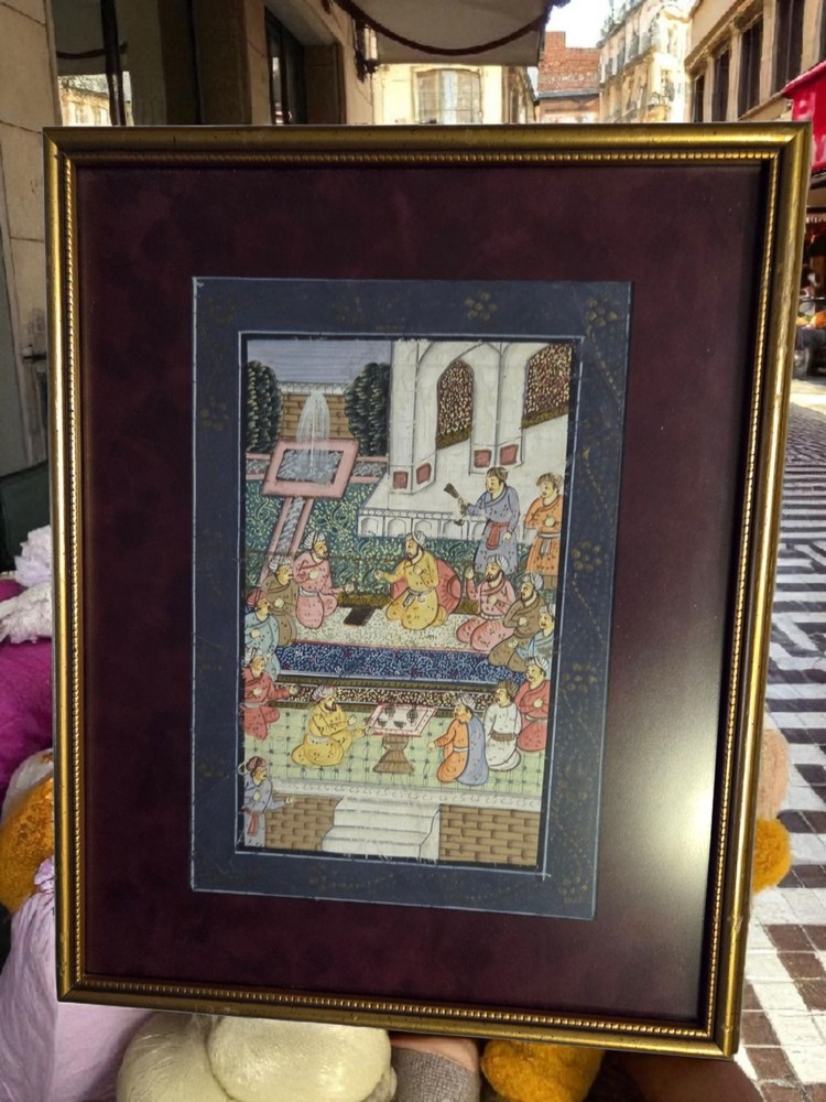 Vintage Indian Mughal Hand Painted On Silk Frame 15×12 Inch