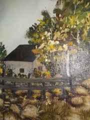 R.VILLEGAS MID CENTURY MODERN ORIGINAL OIL PAINTING IN HEAVY WOODEN FRAME 27,5″