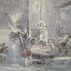 Large Signed Impressionist Harbor Oil Painting Marine Coastal Boats Framed 24×36