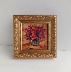 Pink Roses Bouquet Original Oil Painting Framed Still Life in Bronze frame 4×4″