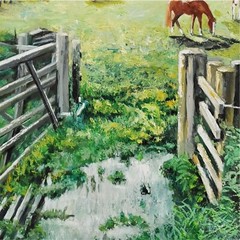 YARY DLUHOS Landscape Meadow Horses Equine Ranch Original Art Oil Painting