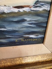 Vintage L. Raymond Sailboat Framed Painting Oil On Canvas San Francisco Bohemian