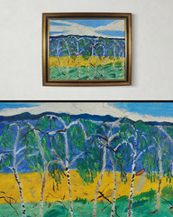 Signed Amelin 1957 Oil Painting Scandinavian Seascape Birch Trees Mid Century