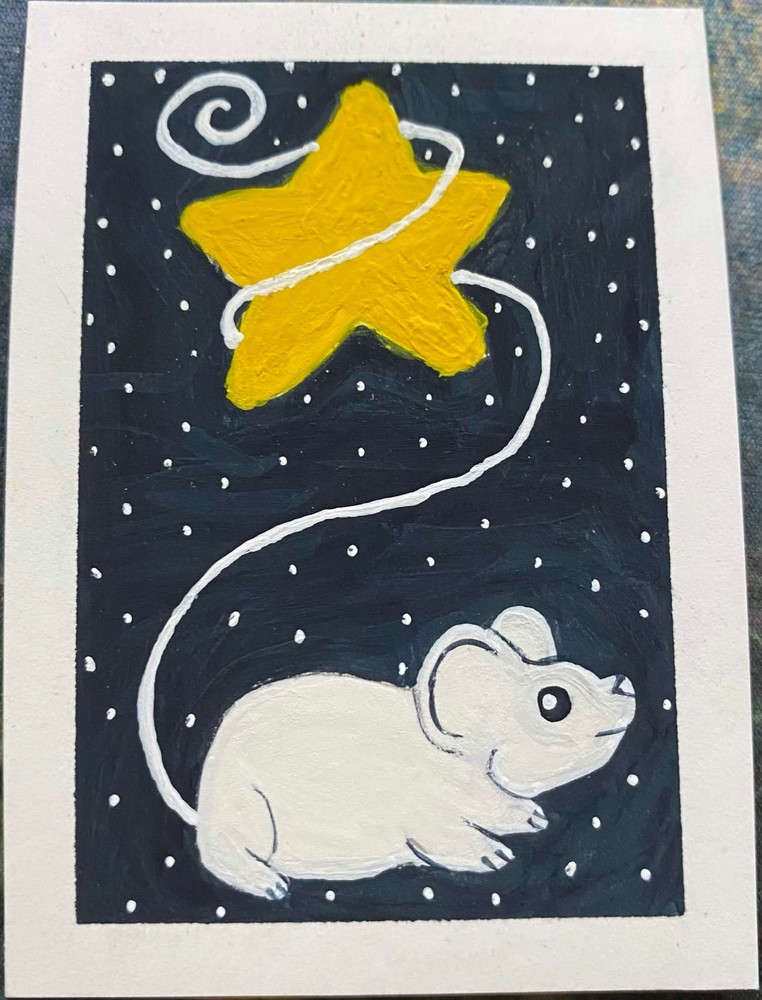 ACEO Original Mouse Mice Space Stars Miniature Painting Art Cute OneCraftyLady