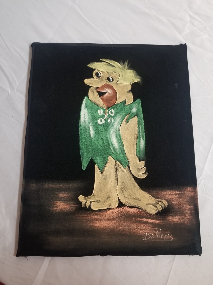 Vintage Black Velvet Hand Painted Picture Of Barney Rubble