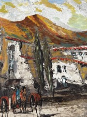 Pablo Espana Original Oil Painting Signed Mid Century Spanish Village 48″x24″