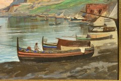 Original 19th C. Italian Watercolor – Bay of Naples – Baia Castle, Fishing Boats