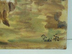 Vintage 1972 Signed Oil Painting, Figures in the Forest, Signed Ridi, 72 x 38 cm