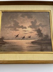 Sunset Evening Painting Landscape Water Flaying Birds Signed 1960’s Mystery Oil