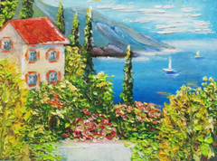 Italy Lake Landscape Coast Original Oil Painting. House, Boats, Sea. 16×22 cm