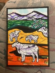 ACEO watercolor art by PJ, art card 2.5 x 3.5: batik style landscape, and sheep.