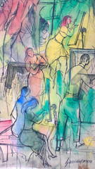 1960’s Original Avant Garde Watercolor Painting Of Various Figures Working