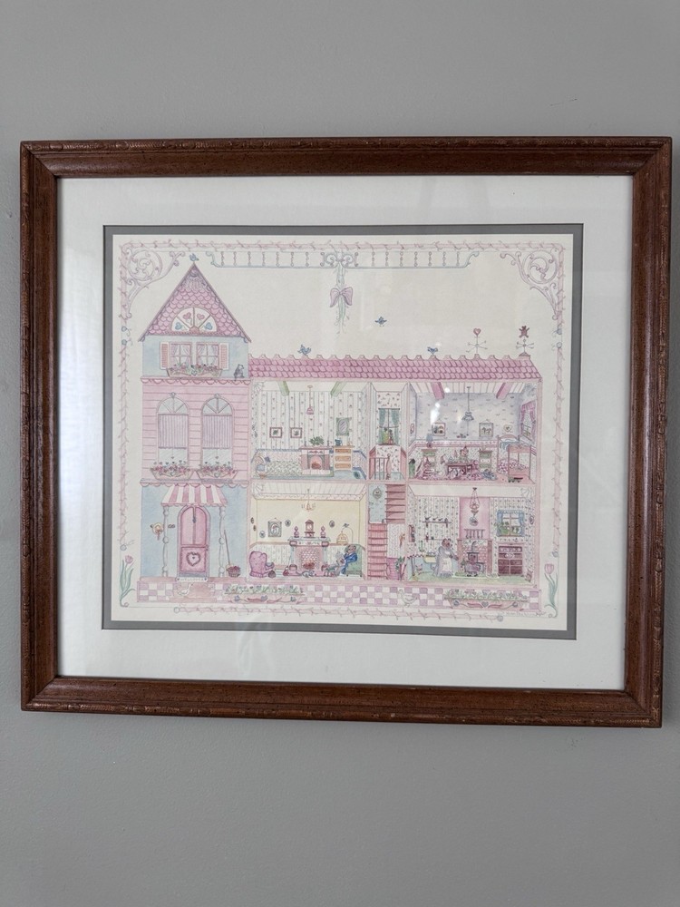 Vintage painting by Kim Peckham 20×17 Inches teddy bear dollhouse cottage core