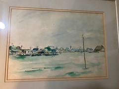 Vintage „Coastal Town Scene“ Watercolor Painting – Framed