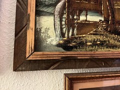 VINTAGE ORIGINAL PAINTING LANDSCAPE WATERMILL SCALLOPED WOOD FRAME Caravaggio