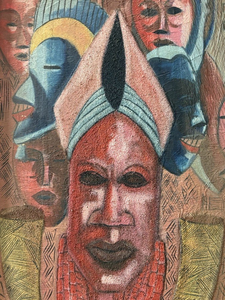 🔥 Vintage 90s Modern TRIBAL Cubist MASKS African BLACK Art BENIN Oil Painting