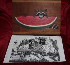 Vintage Original Painting cute Raccoon Portrait eating Water Melon + Glossy of 2
