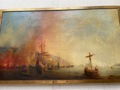 19th Theodore GUDIN – Antique Old Master Oil – Fire by the Coast – Boat and Ship