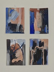 Original Abstract Acrylic Painting Set of 4 Blue Beige Black White on Paper