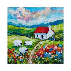 original oil painting Irish Cottage Sheep Landscape Impasto wall art 6*6 inch