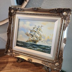 Vintage Ship/Nautical Oil Painting On Canvas, Signed, Ornate Frame 15×13″