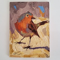 Robin Bird Painting Original Oil Art Semi Abstract Modern Colorful Small Artwork