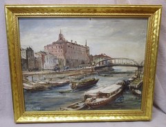 Circa 1920 Oil Painting on Wood, European Cityscape w/ River & Barges – As Is