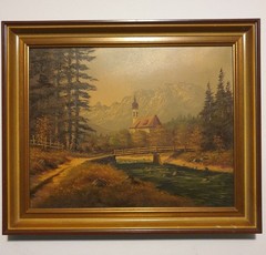 Original Oil Painting Landscape Village Church Signed 49x59cm Oil On Canvas Picture
