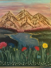 acrylic painting on canvas 16×20 river mountain