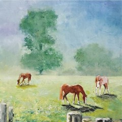 YARY DLUHOS Landscape Meadow Horses Equine Ranch Original Art Oil Painting