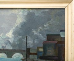 Mid Century Expressionist River/Bridge Fishing Painting, Signed and Dated 1950