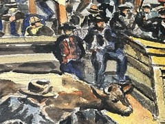 Wpa Style 1940S Original Watercolor Painting Livestock Auction By A. Campbell