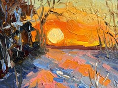Original Oil Painting Winter Landscape Sunset Impressionism Art Signed 5.5×8 in