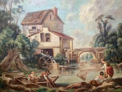 18th Century ANTIQUE Oil Painting Francois BOUCHER Figures Watermill GILT FRAME