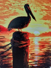 LOVELESS – „SUNSET REFLECTION PELICAN“ original acrylic on paper 11 X 15