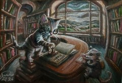 Jacob Landis HANDMADE Whimsy ORIGINAL ACEO Kitten Possum Book „The Library“