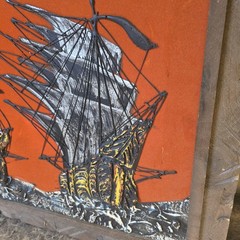 Vintage Textured Sail-Ship Wall Art on Orange Canvas, Mid-Century Framed…