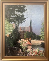 Antique 1925 19”x14” Framed Realism Cityscape Oil Painting On Canvas Signed