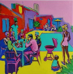 Original Pop Art Painting Backyard Gathering Acrylic on Canvas 24×24 OOAK