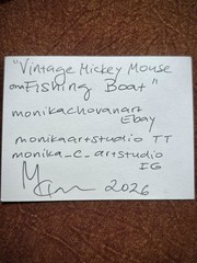 Original ACEO Vintage Mickey Mouse Fishing Mixed Media Monika Chovan OOAK