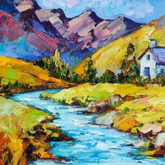 original oil painting Irish Cottage Mountain Landscape River wall art 8*8 inch