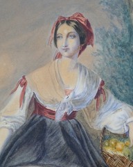 Antique Watercolor Portrait Elegant Young Woman With Fruit Basket Signed 1840s