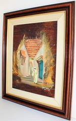 VINTAGE MIXED MEDIA MASONITE BOARD SIGNED ACHIBANE MOROCO STREET VILLAGE SCENE