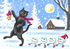 ACEO PRINT OF PAINTING RYTA CHRISTMAS WINTER SNOWMAN BLACK CAT LANDSCAPE ART