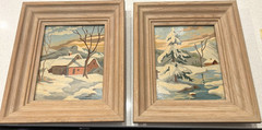 Pair of Vintage PAINT BY NUMBERS Winter Landscape Framed Paintings 14.5″ x 12.5″